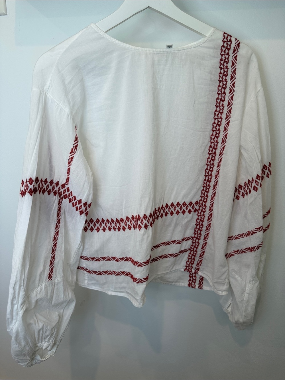 Joie White Peasant Blouse with Red Embroidery
